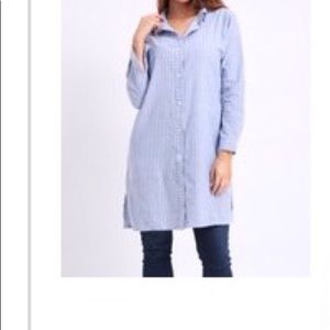 Blue and white stripe long linen blouse